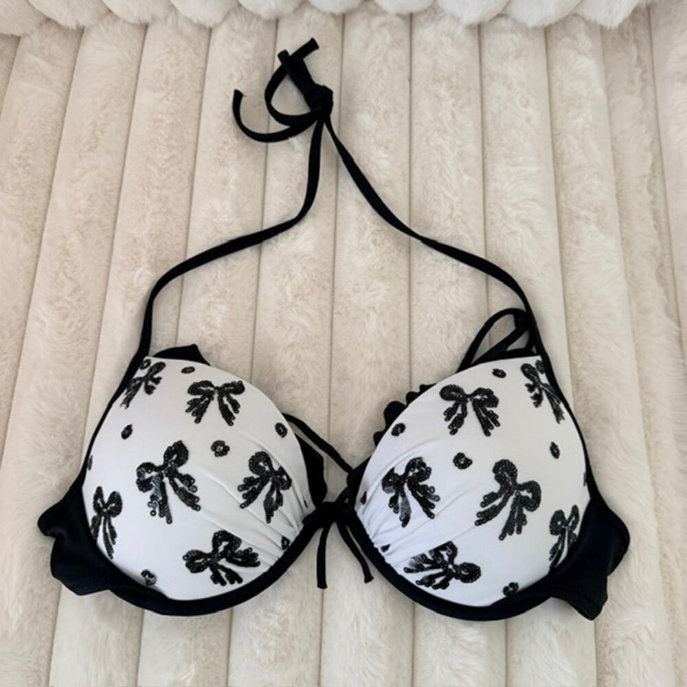 Victoria's Secret Bikini Set Embellished Bows Padded 36B Bottoms Large Women - Picture 2 of 12